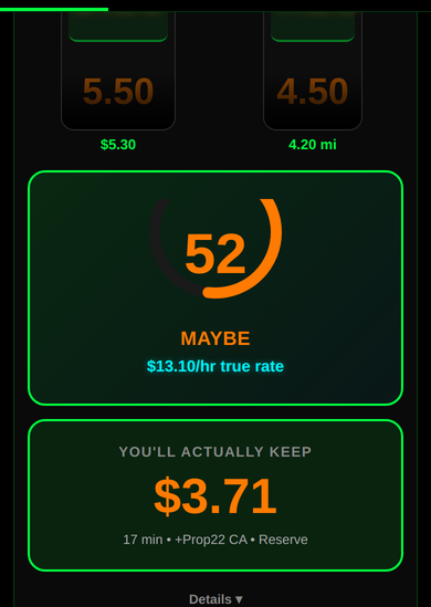 Rafiant IQ cost breakdown showing gas, maintenance reserve and the California minimum for the offer