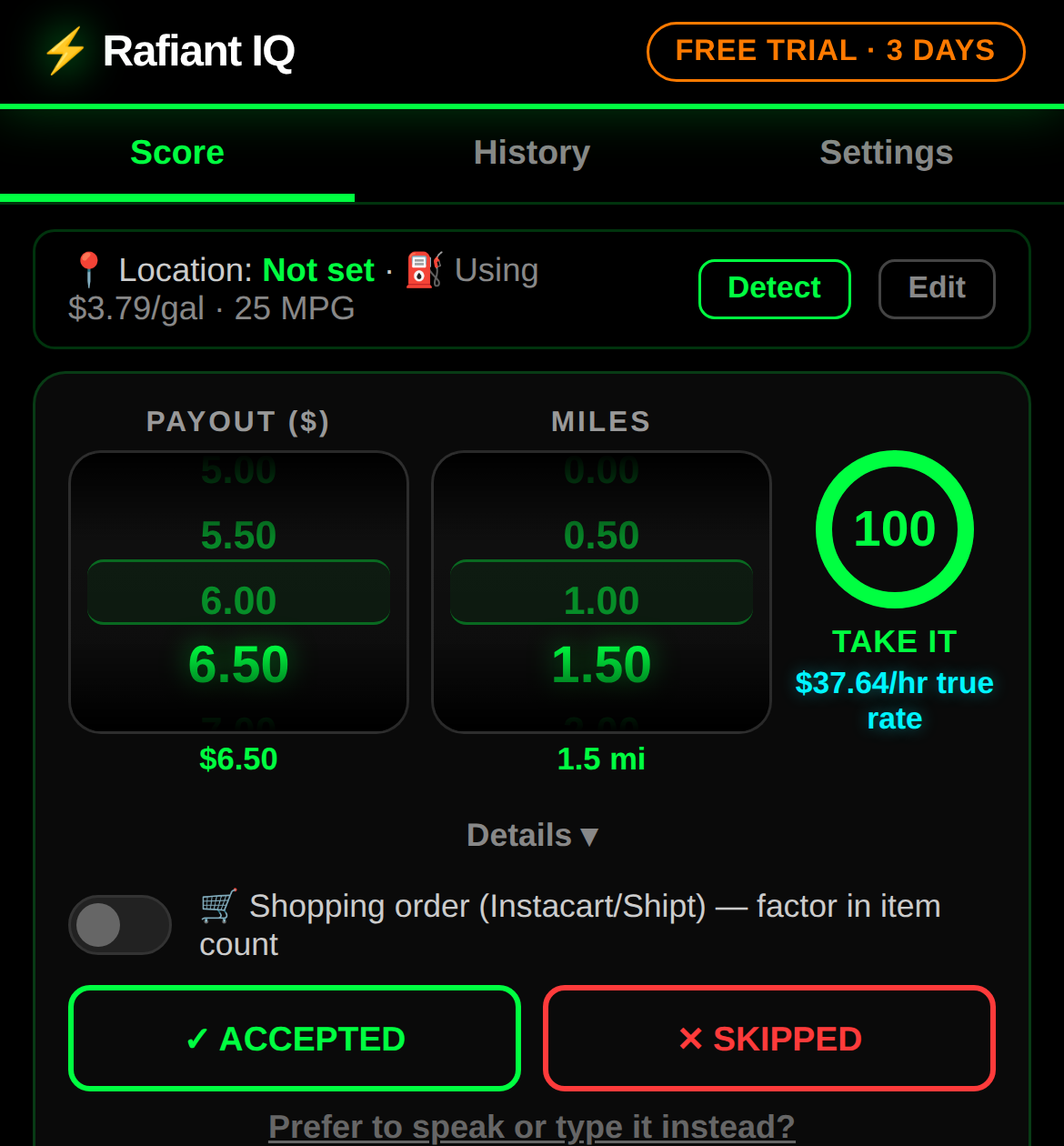Rafiant IQ scoring a $6.50 payout, 1.5 mile offer as a 100/100 Take It, real rate $37.64/hr