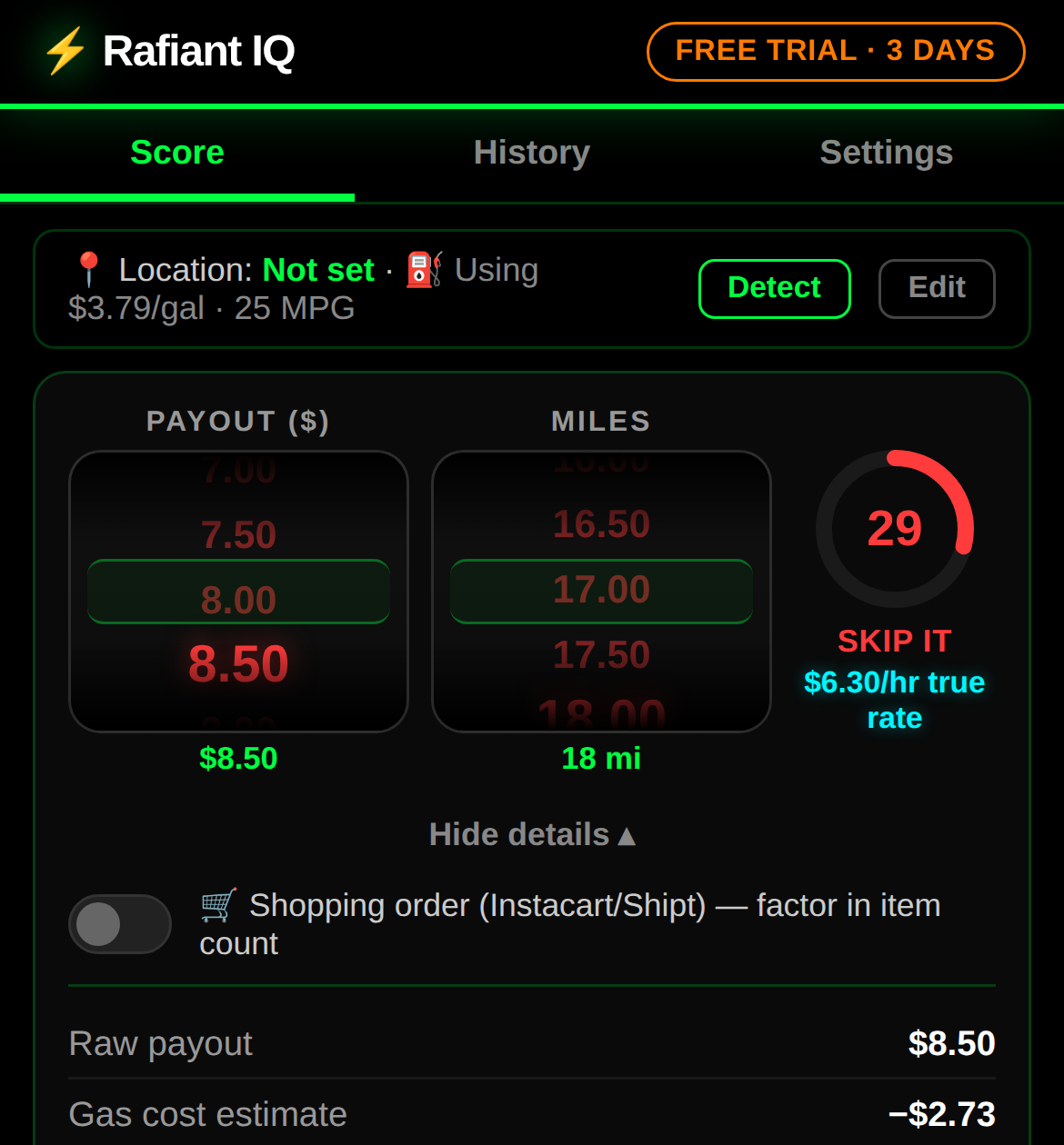 Rafiant IQ scoring an $8.50 payout, 18 mile offer as a 29/100 Skip It, real rate $6.30/hr